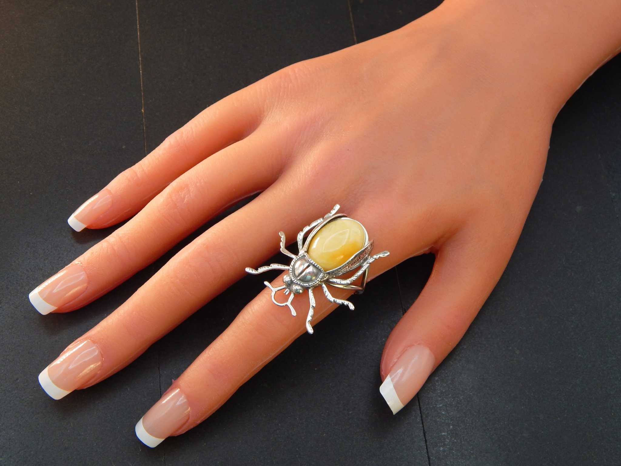 Natural Baltic Butterscotch Amber Adjustable Beetle Ring in 925 Sterling Silver