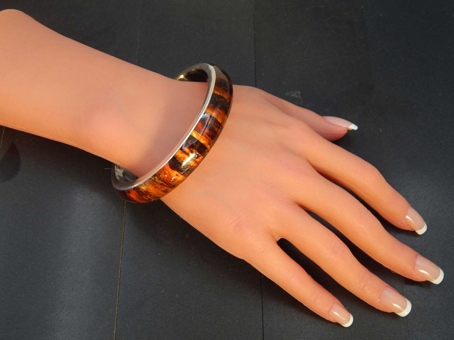 Handmade Natural Baltic Amber Mosaic Bangle Bracelet in 925 Sterling Silver