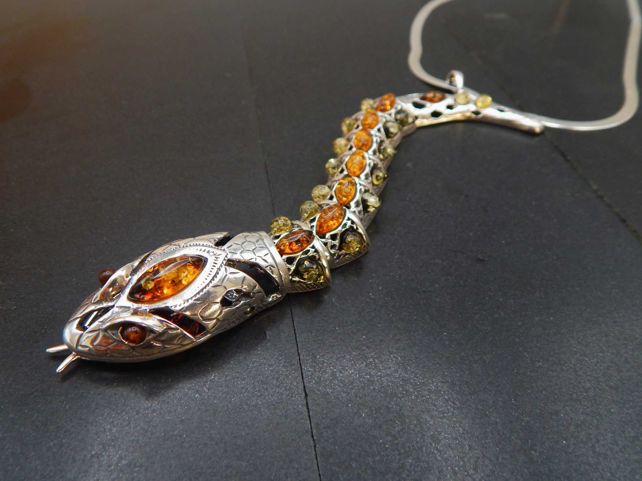 Natural Baltic Amber Rattlesnake Statement Necklace in 925 Sterling Silver