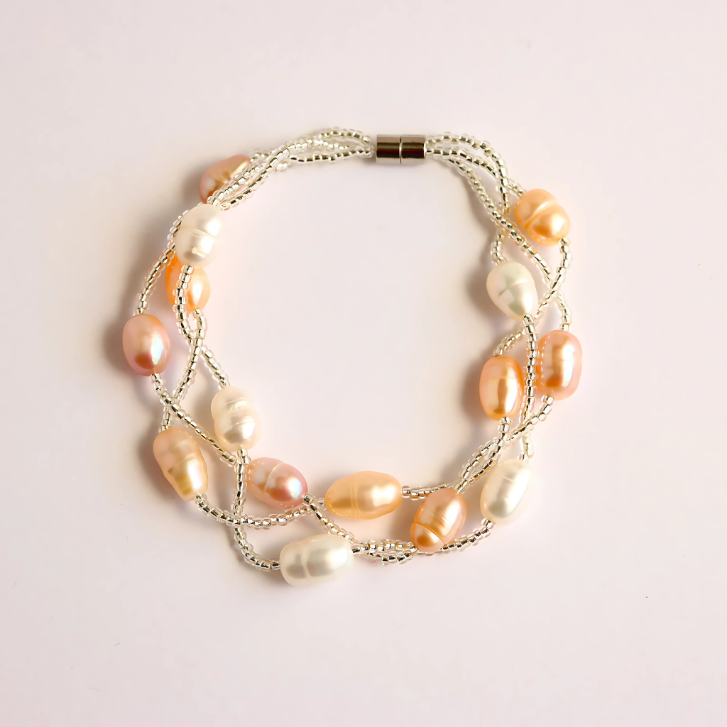 Pearl Bracelet – Pink, Peach & Ivory -Sterling Silver Clasp Freshwater