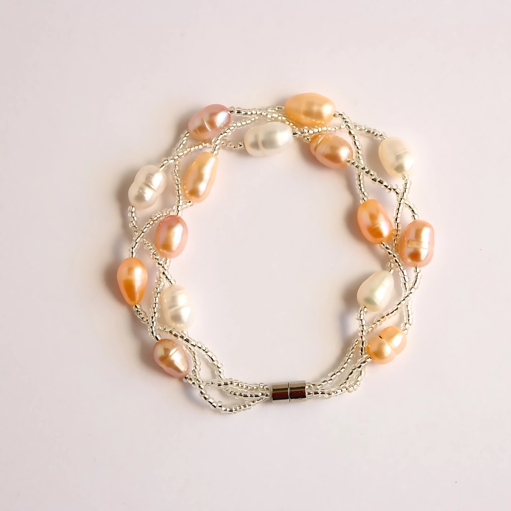 Pearl Bracelet – Pink, Peach & Ivory -Sterling Silver Clasp Freshwater