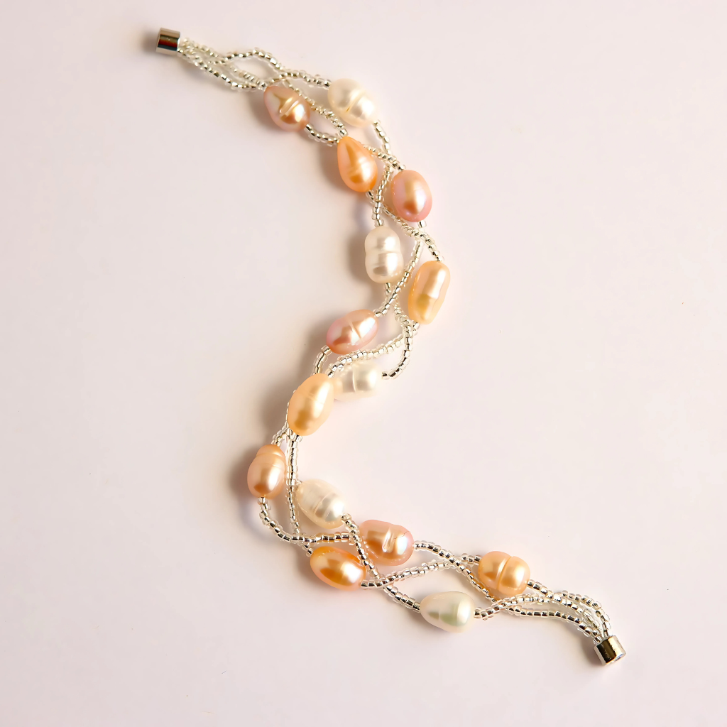 Pearl Bracelet – Pink, Peach & Ivory -Sterling Silver Clasp Freshwater
