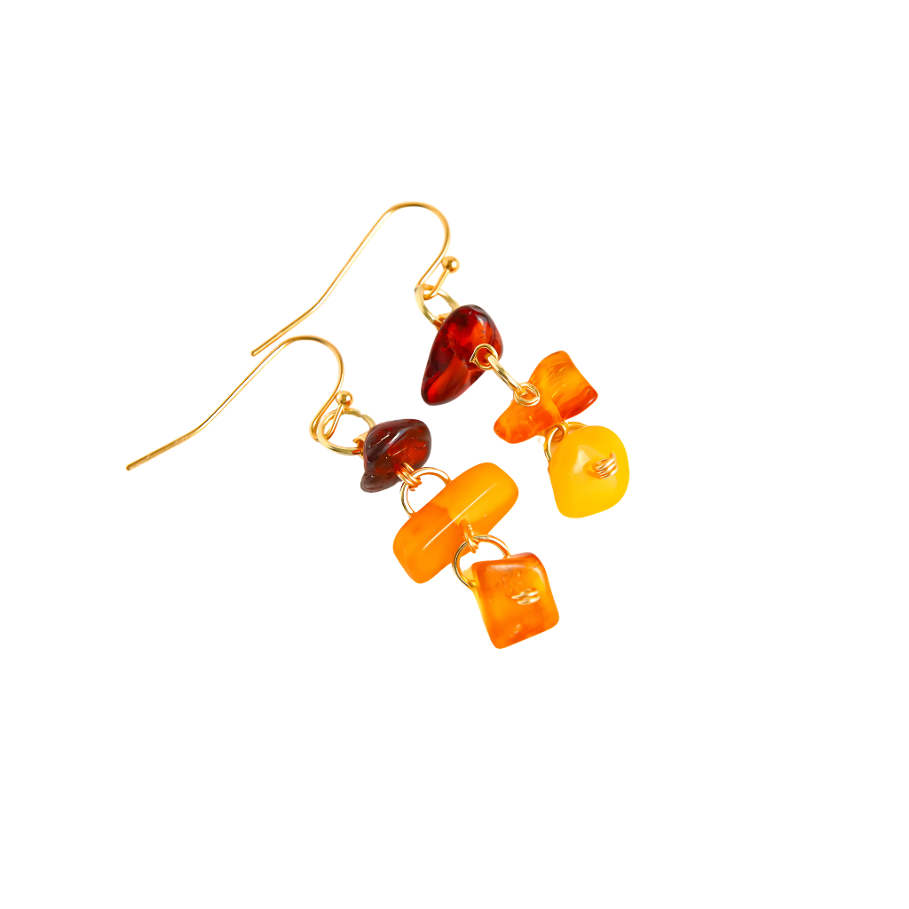 Genuine Baltic amber dangle earrings with cherry, cognac, and butterscotch beads on gold-plated brass wire.