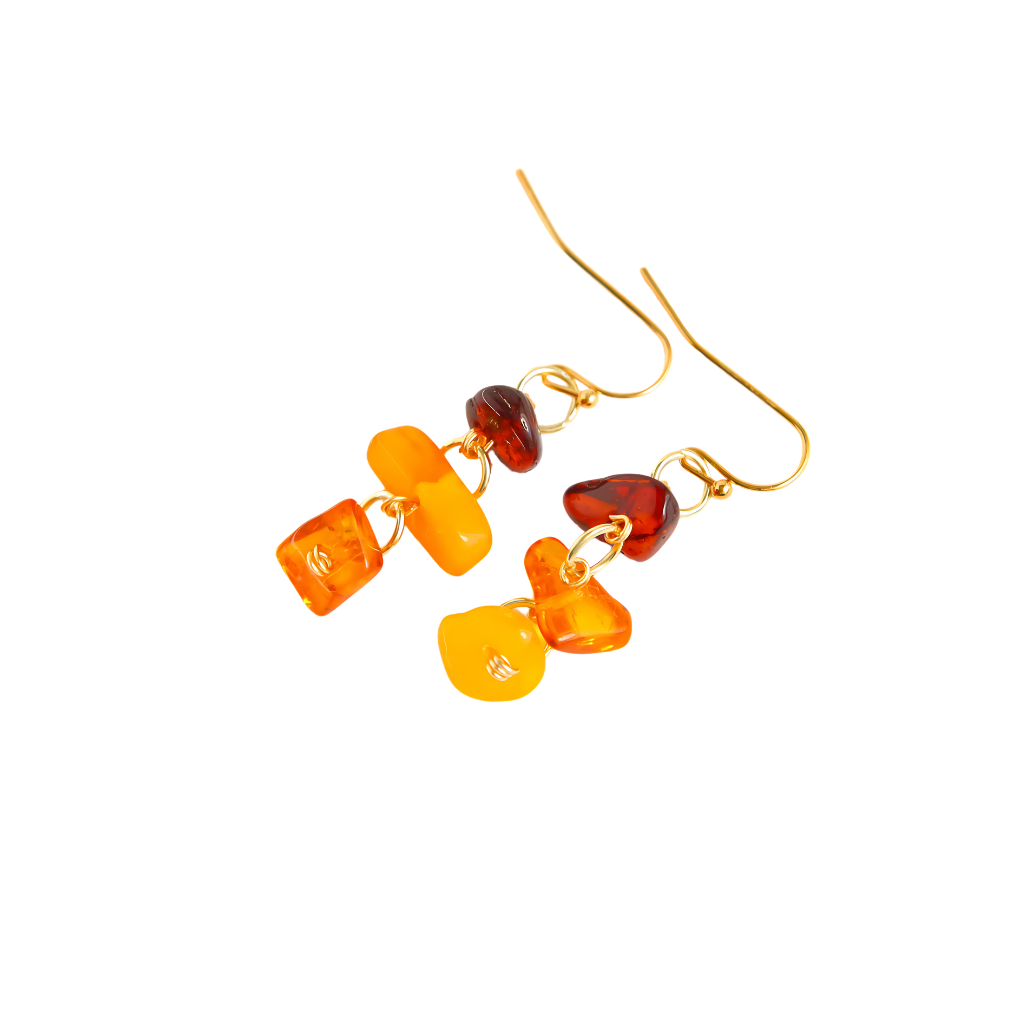 Genuine Baltic amber dangle earrings with cherry, cognac, and butterscotch tones on gold-plated brass wire.