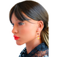 Genuine Baltic Amber dangle earrings with cherry, cognac, and butterscotch beads on gold-plated brass, worn by model.