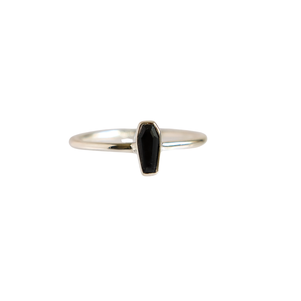 Black tourmaline coffin goth ring front view, set in 925 sterling silver with slim band, goth and witchy jewelry style.