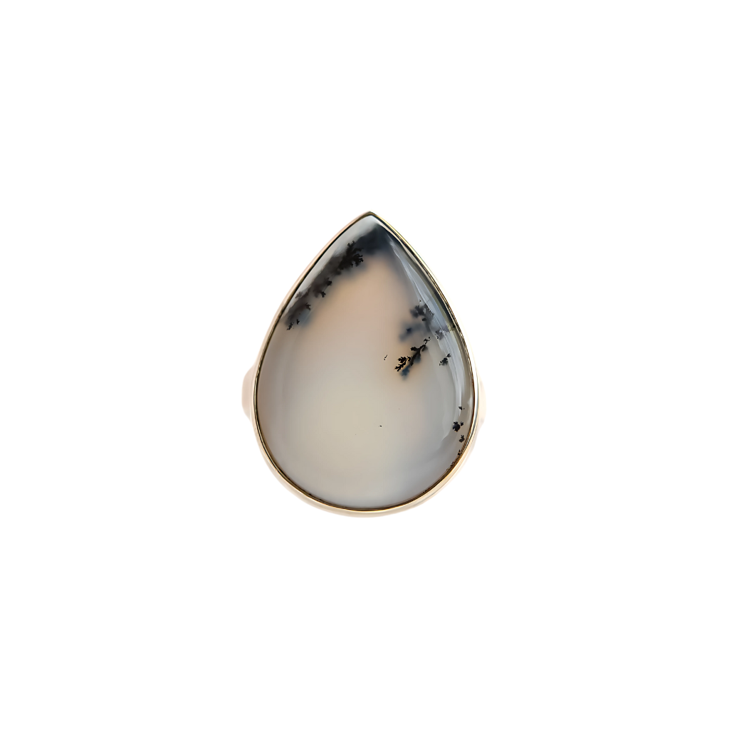 Pear-shaped Dendritic Opal Ring in 925 Sterling Silver with intricate black patterns.
