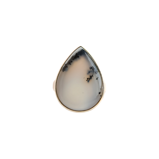 Pear-shaped Dendritic Opal Ring in 925 Sterling Silver with intricate black patterns.