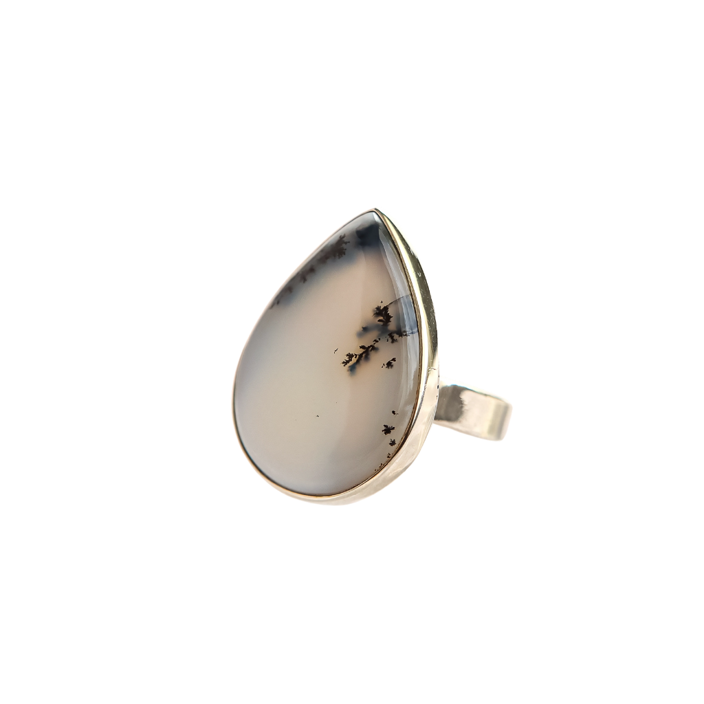Pear-cut Dendritic Opal Ring in 925 sterling silver with black patterns.