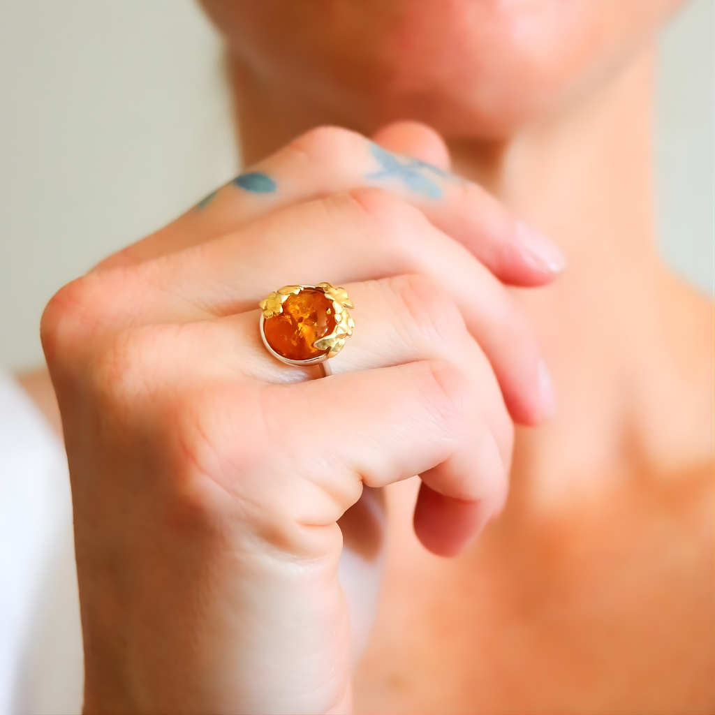 Close-up of a hand wearing a gold flower ring with an orange gemstone.