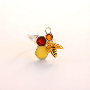 Gold Bee and Honeycomb Amber Ring- 14k Gold Plated Sterling Silver