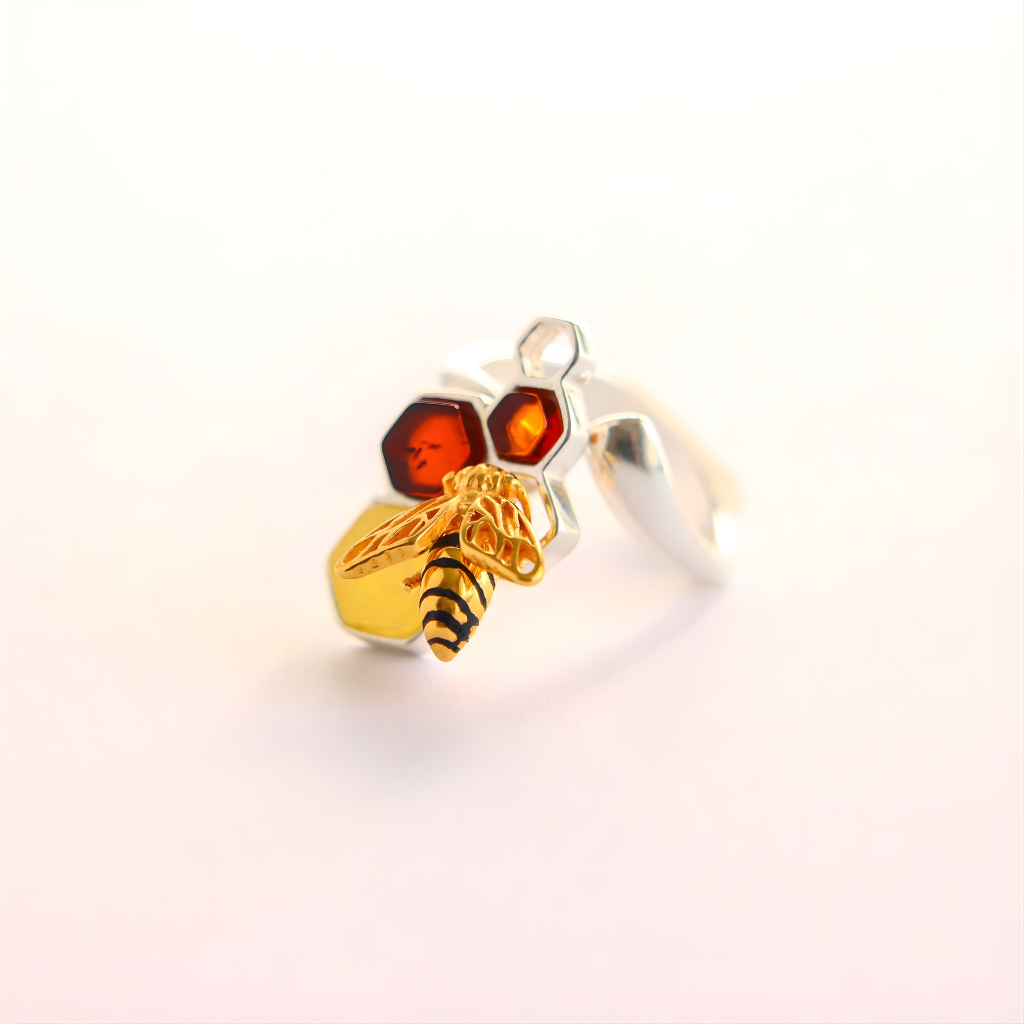 Silver amber ring with amber and gold bee charm on a white background