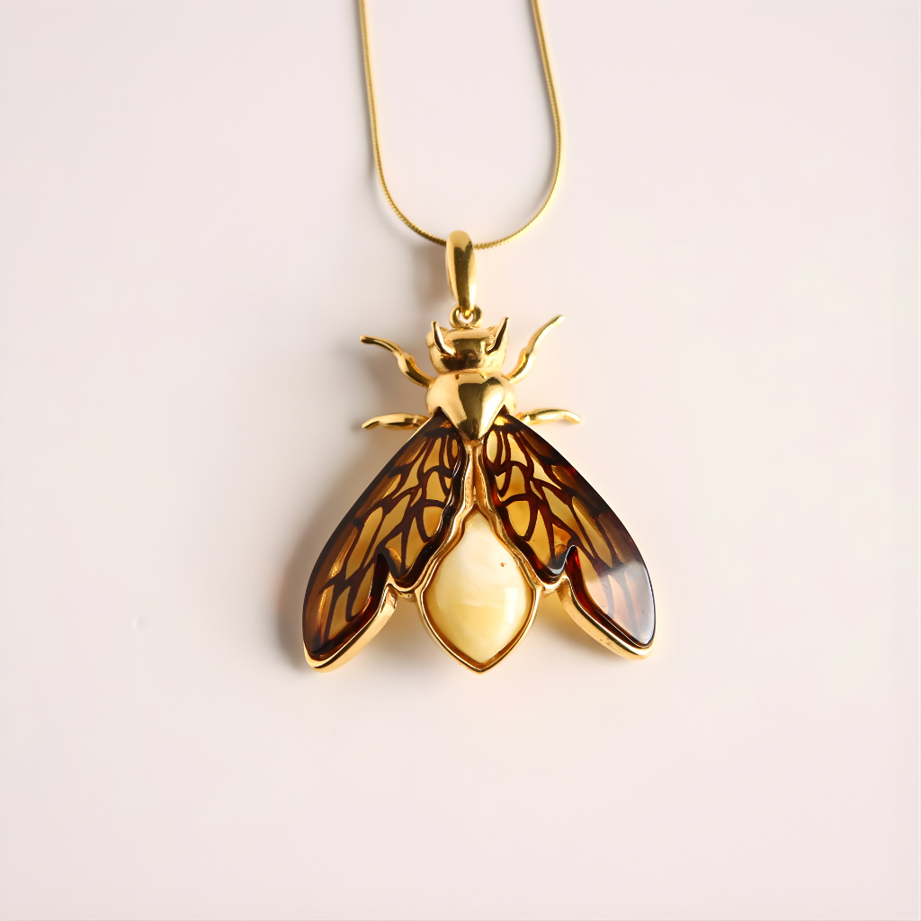 Gold insect-shaped amber necklace t on a light background