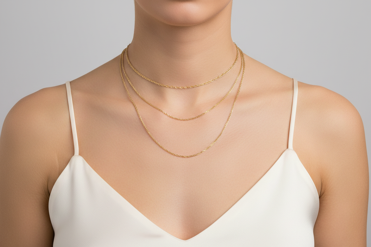 model wearing gold dainty cable chain necklace 16, 18, 20 inch