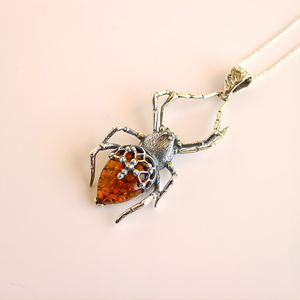 Gothic Spider Amber Necklace in Sterling Silver