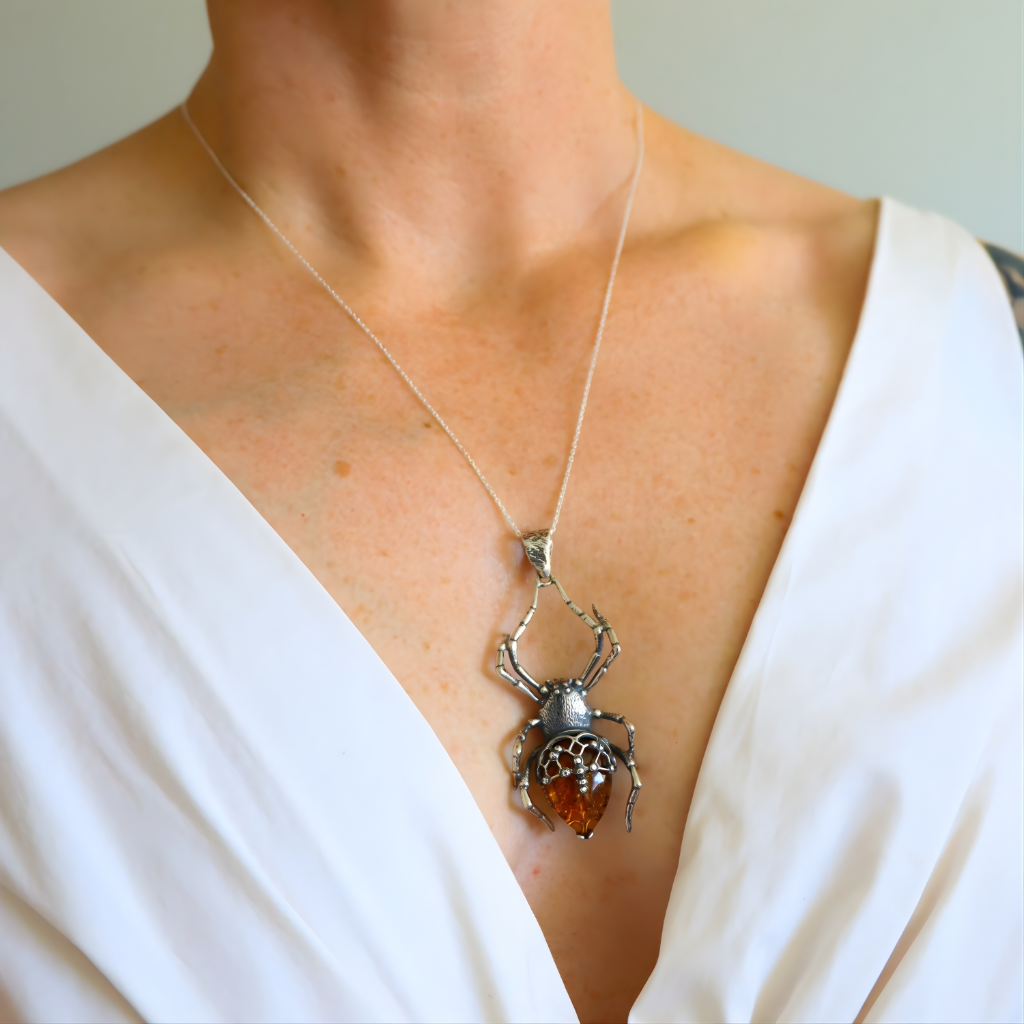 Spider-shaped pendant amber necklace on a person wearing a white top