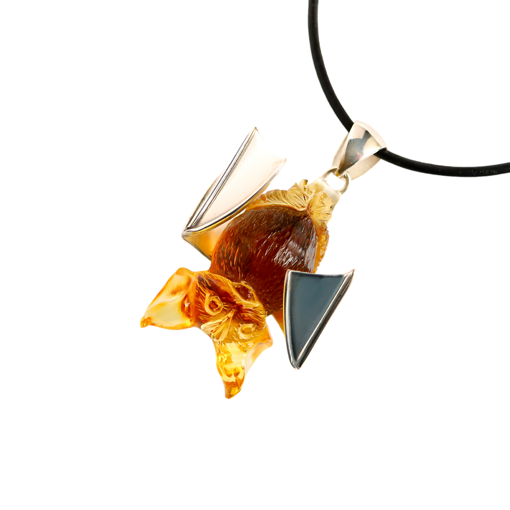 Baltic amber Nosferatu bat necklace with 925 sterling silver.