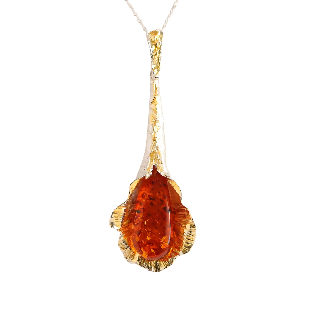 Handmade Baltic amber tulip pendant necklace in brushed sterling silver with gold accents.