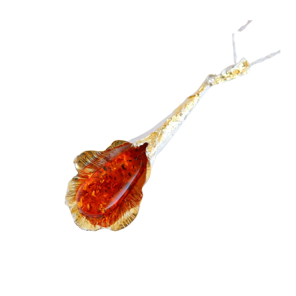 Handmade Baltic amber tulip pendant necklace with sterling silver and gold accents.