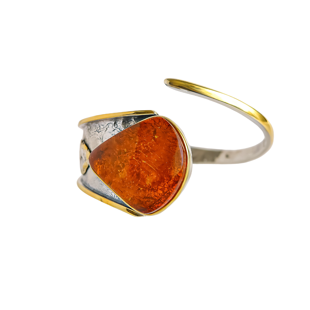 Handmade Baltic cognac amber cuff bracelet in 925 sterling silver with 14k gold plating.