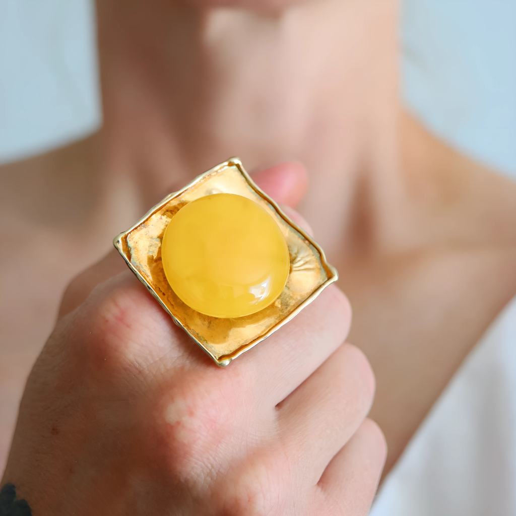 Butterscotch Amber Ring – Adjustable 14k Gold Plated Sterling Silver