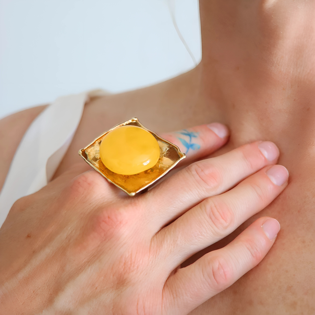 Butterscotch Amber Ring – Adjustable 14k Gold Plated Sterling Silver