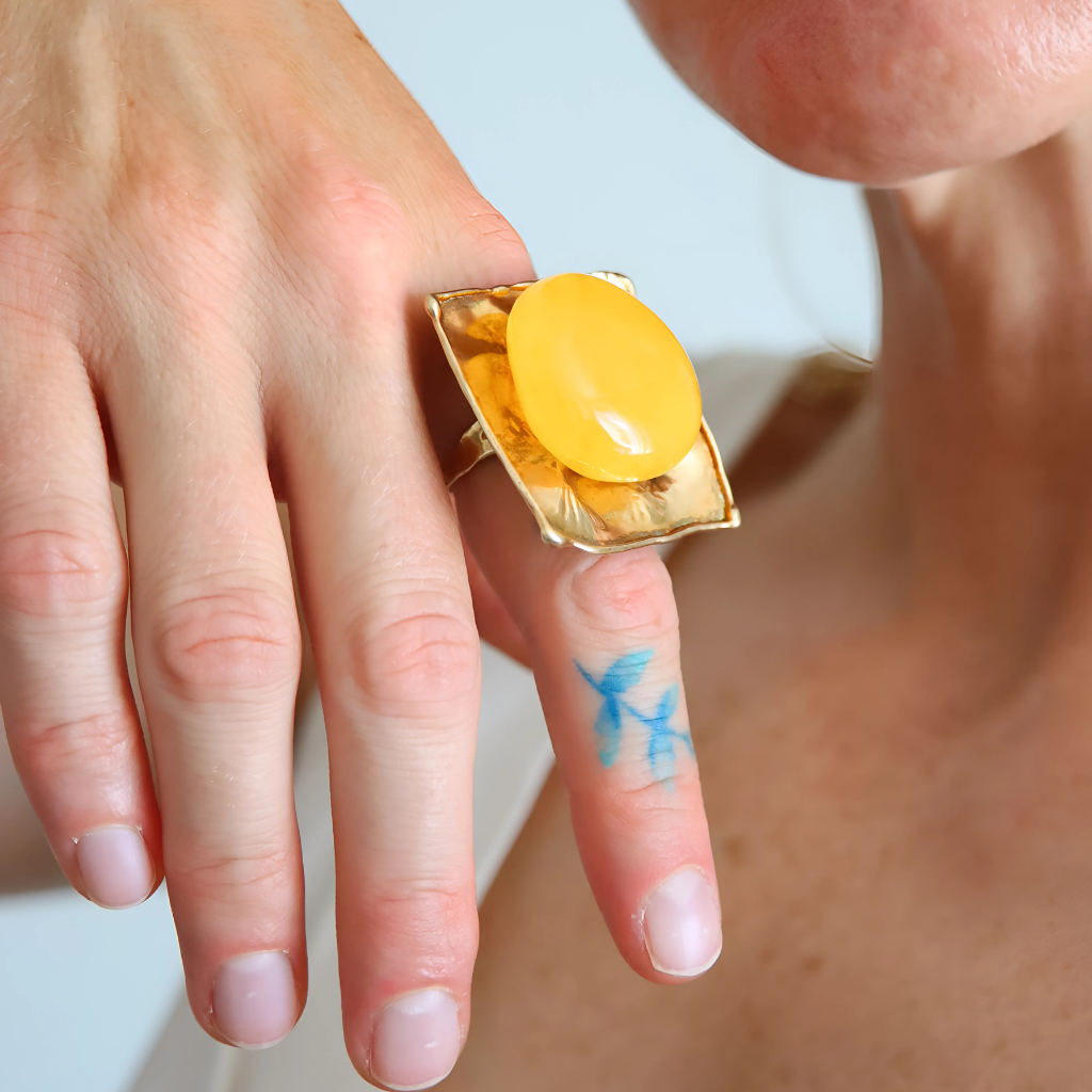Butterscotch Amber Ring – Adjustable 14k Gold Plated Sterling Silver