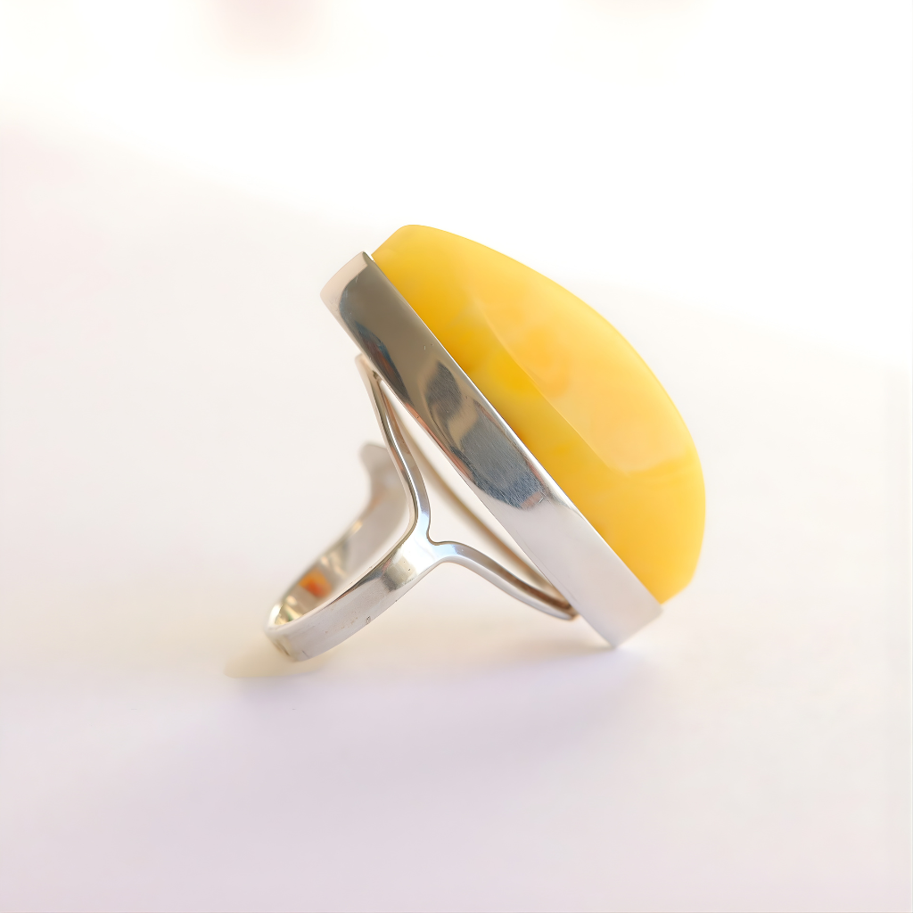 butterscotch amber ring with silver band on a white background