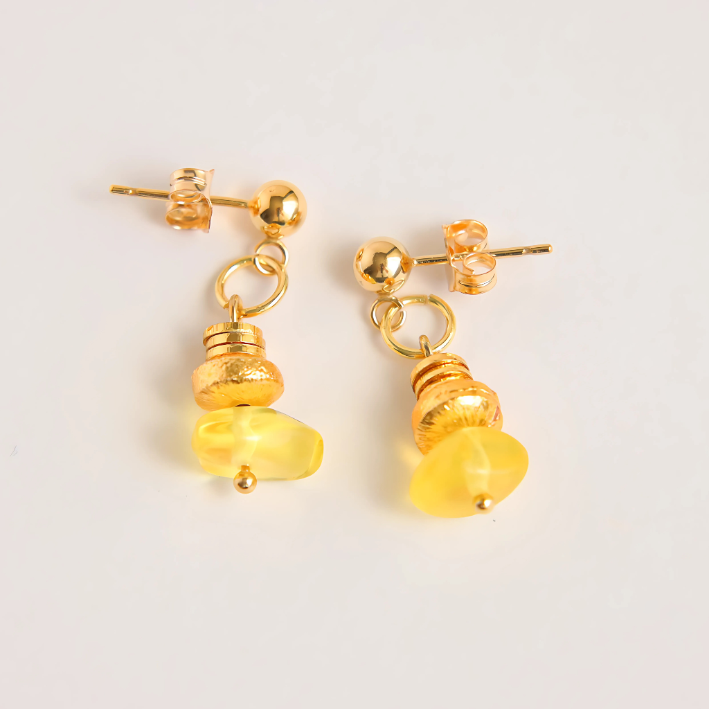 Handmade Baltic amber and gold earrings with dangle design and 14k gold-filled beads.