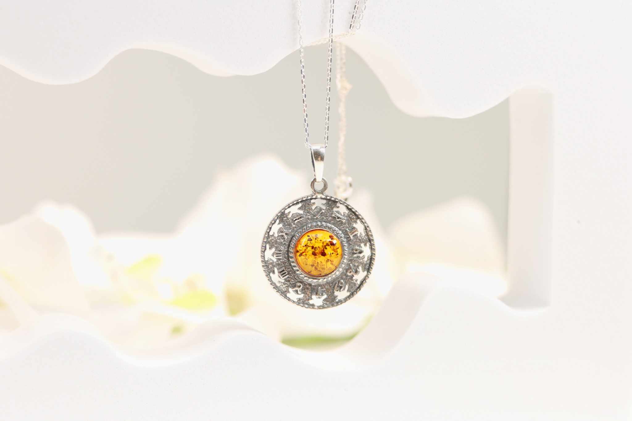 Natural Baltic Cognac Amber Hieroglyph Pendant Necklace in 925 Sterling Silver