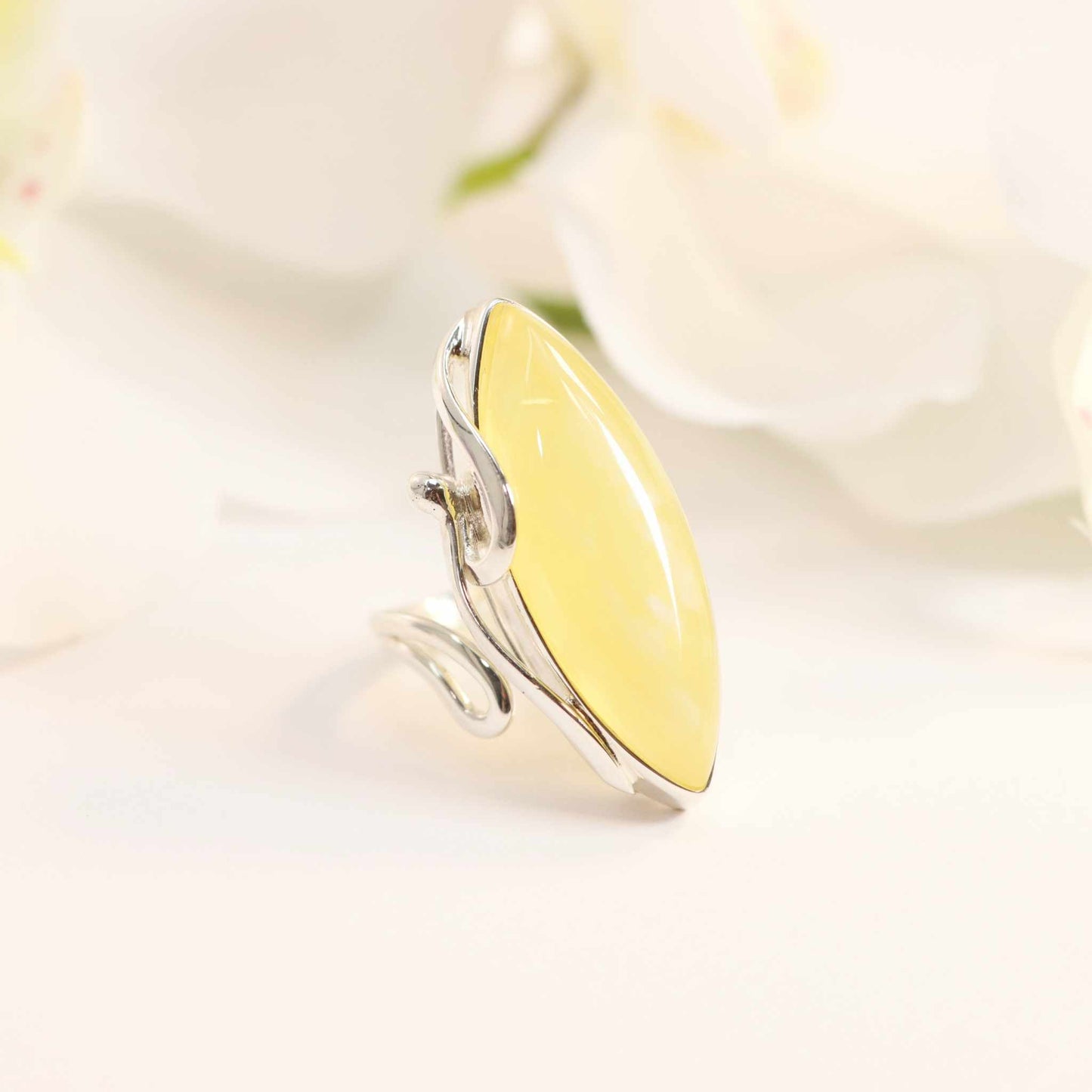 Natural Baltic Lemon Amber Marquise Cut Statement Ring in 925 Sterling Silver