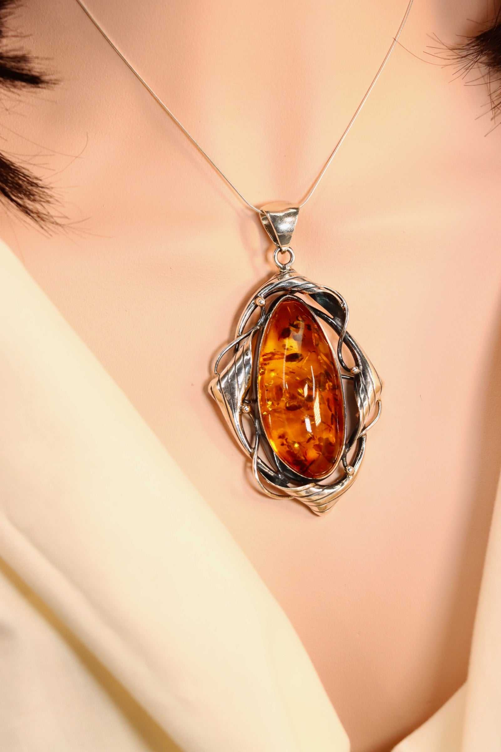 Natural Baltic Cognac Fire Amber Handmade Pendant Necklace