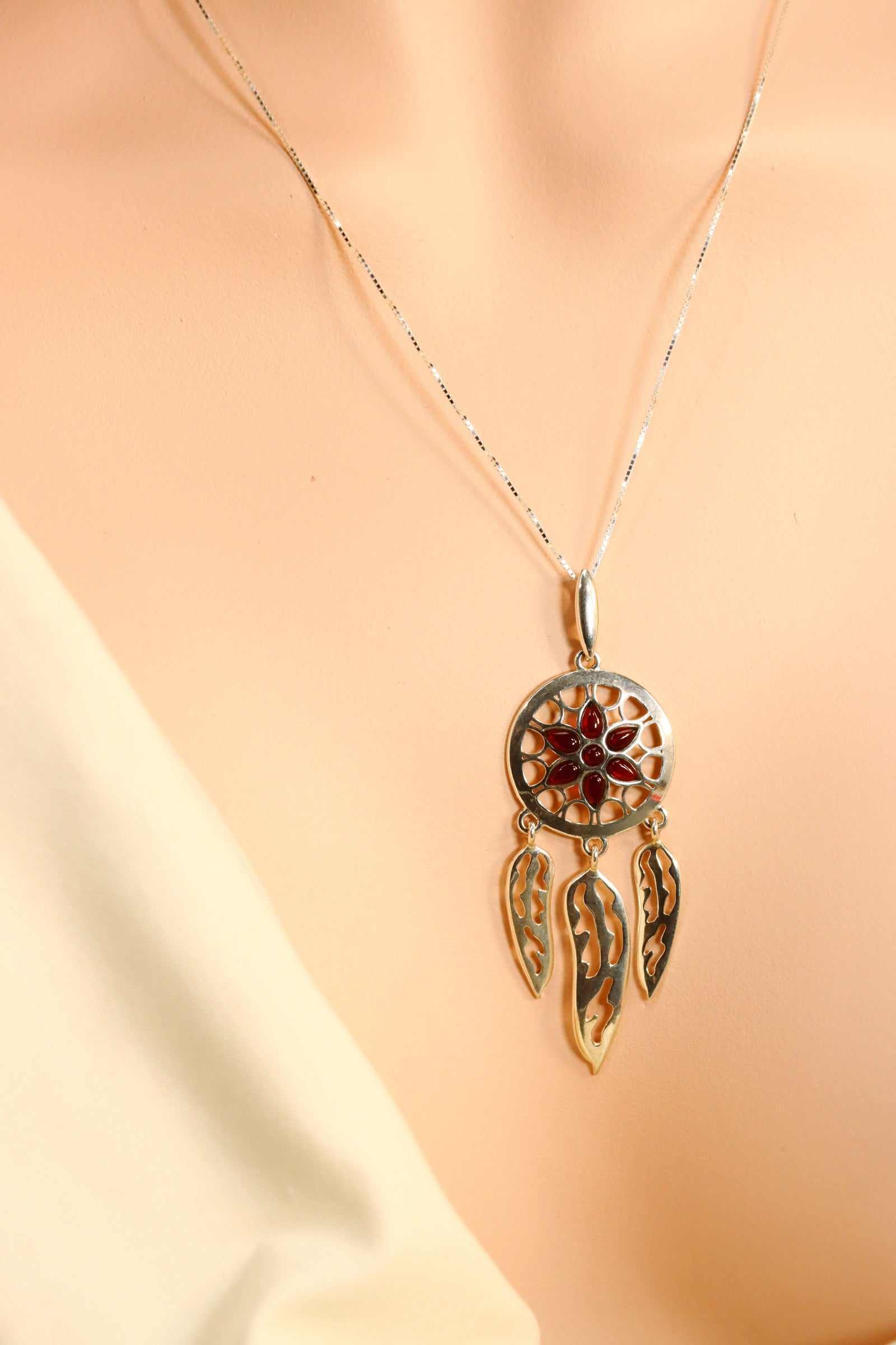 Natural Baltic Cherry Amber Dream Catcher Necklace in 925 Sterling Silver