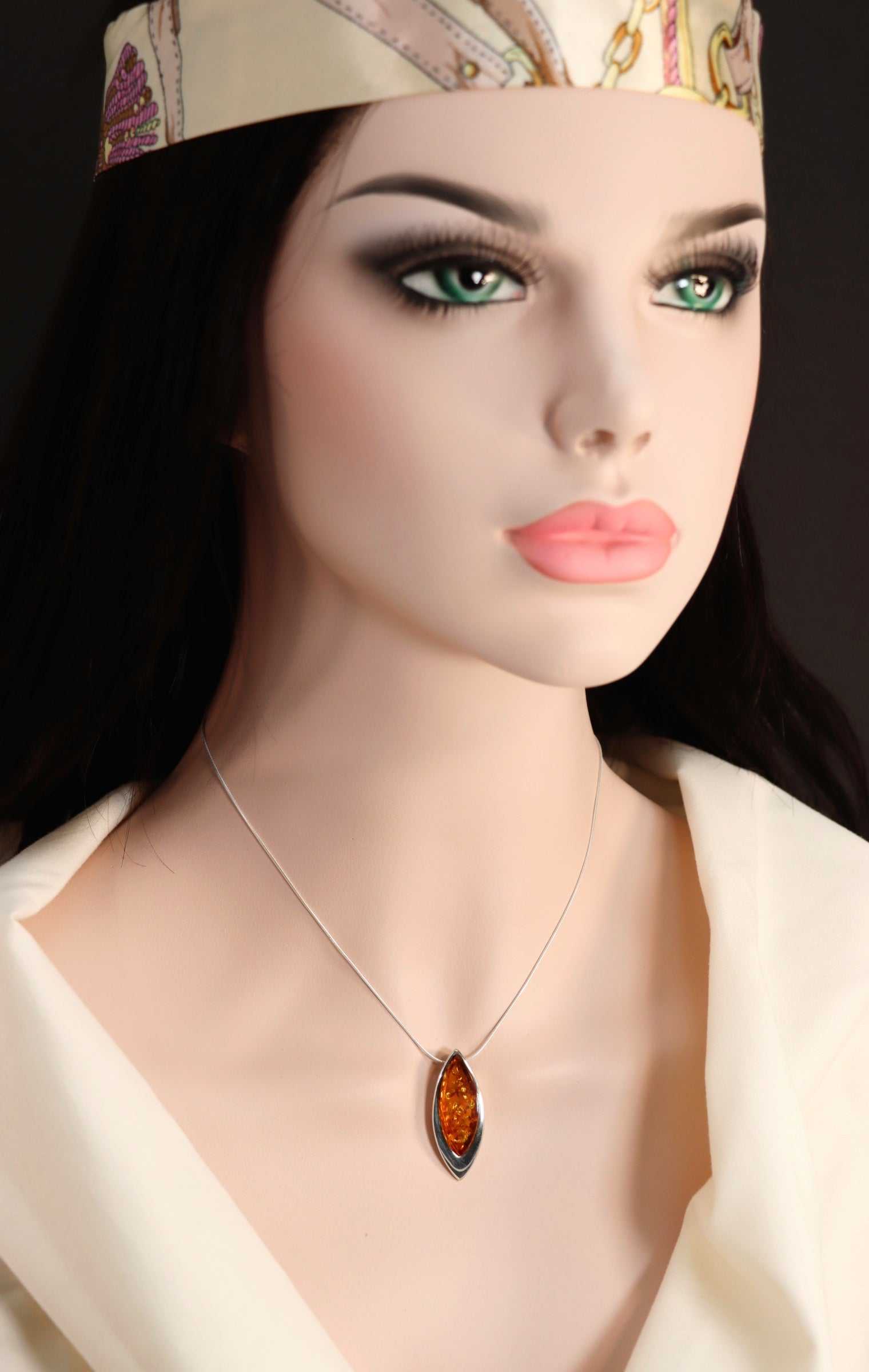 Natural Baltic Lithuanian Cognac Amber Marquise Cut Necklace in 925 Sterling Silver