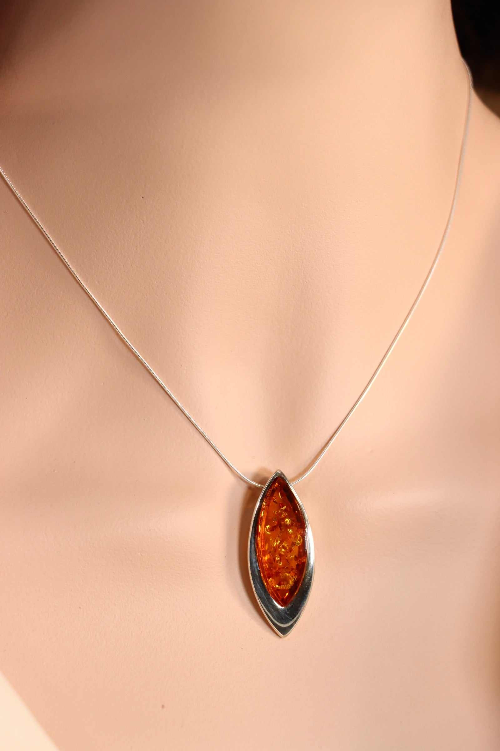 Natural Baltic Lithuanian Cognac Amber Marquise Cut Necklace in 925 Sterling Silver