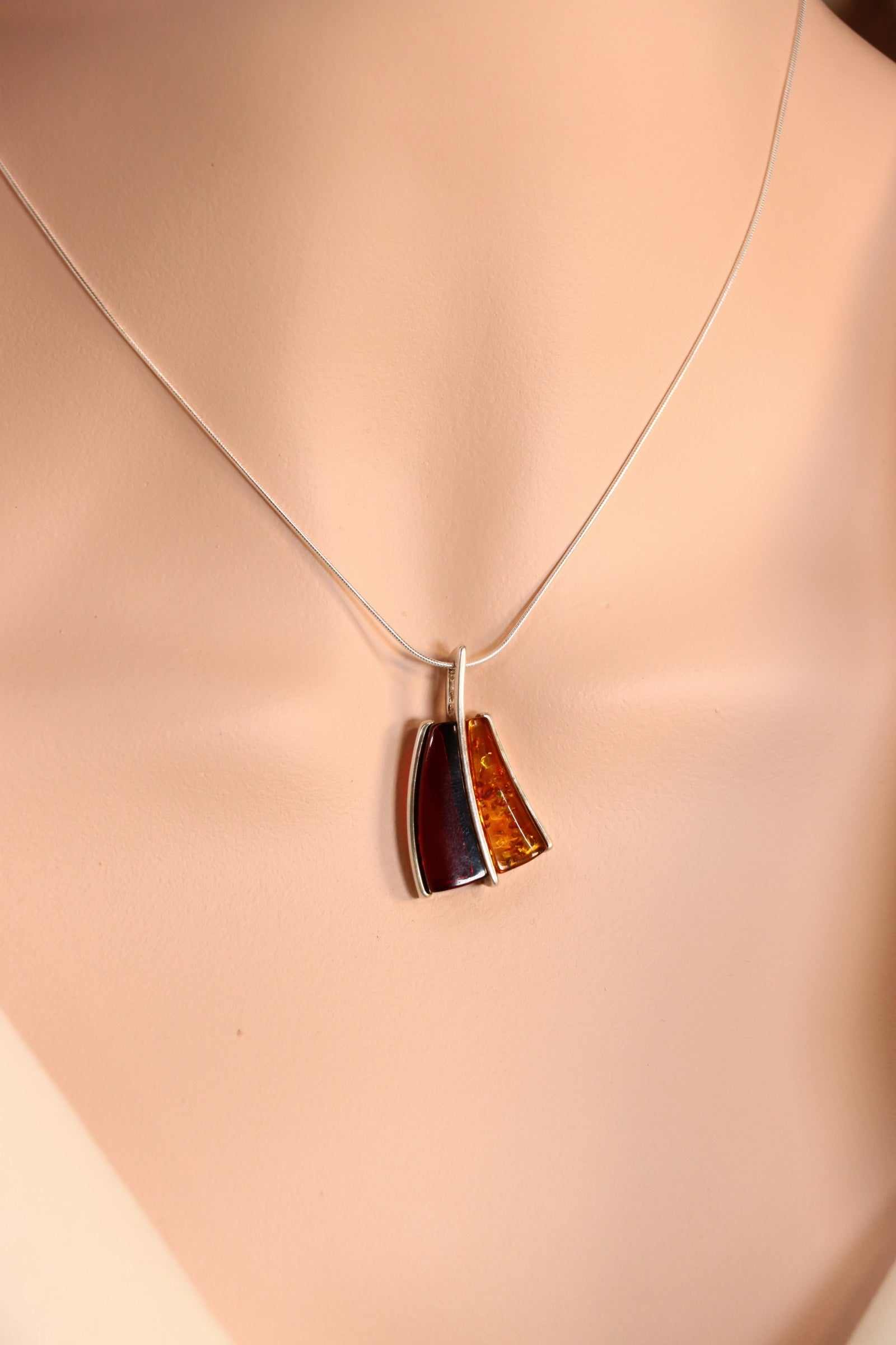 Natural Baltic Lithuanian Cherry and Cognac Amber Modern Boho Necklace in 925 Sterling Silver