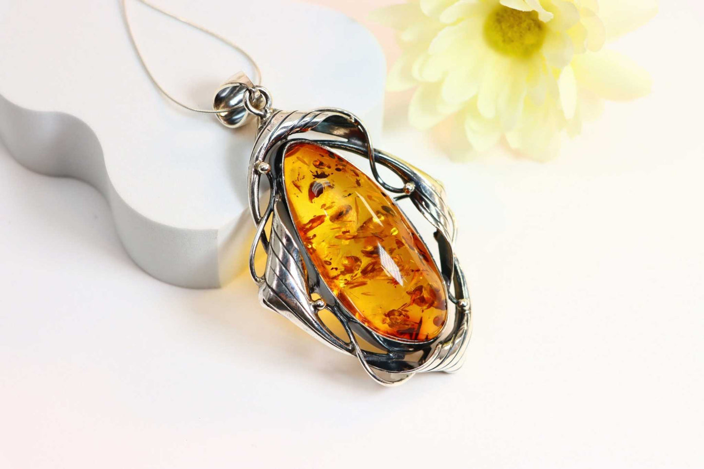 Natural Baltic Cognac Fire Amber Handmade Pendant Necklace