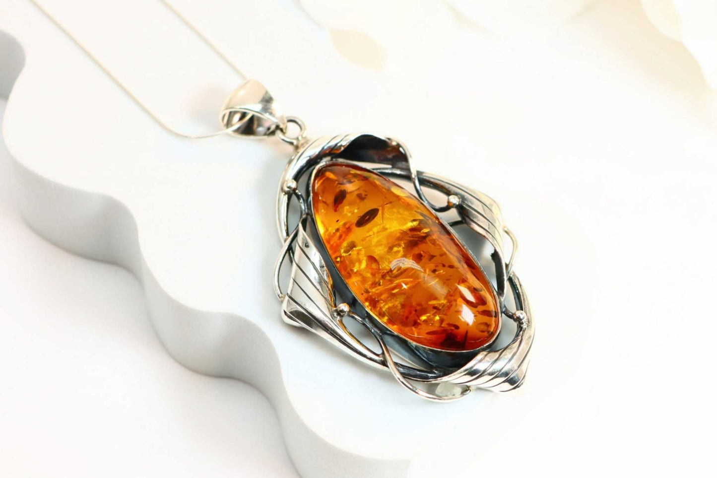 Natural Baltic Cognac Fire Amber Handmade Pendant Necklace