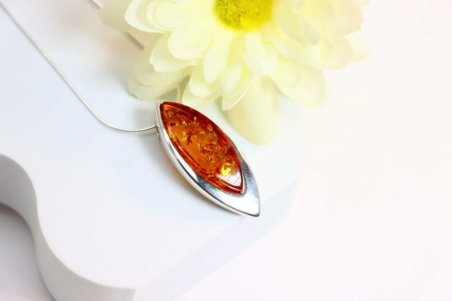 Natural Baltic Lithuanian Cognac Amber Marquise Cut Necklace in 925 Sterling Silver