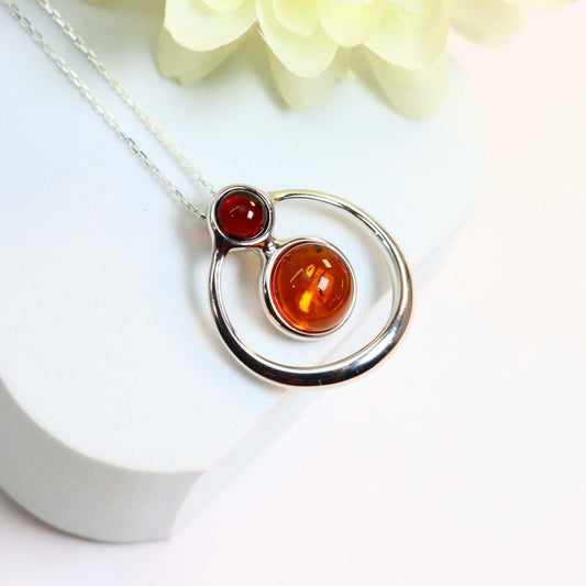 Natural Baltic Lithuanian Amber Modern Pendant Necklace in 925 Sterling Silver