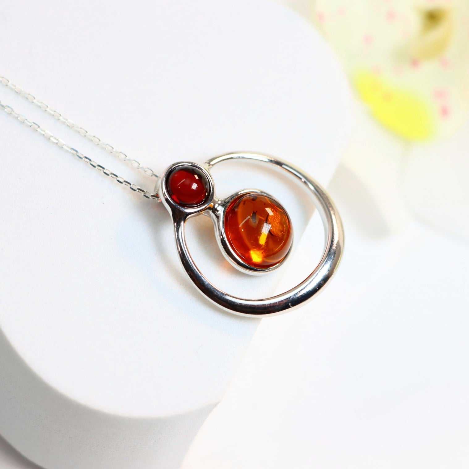 Natural Baltic Lithuanian Amber Modern Pendant Necklace in 925 Sterling Silver