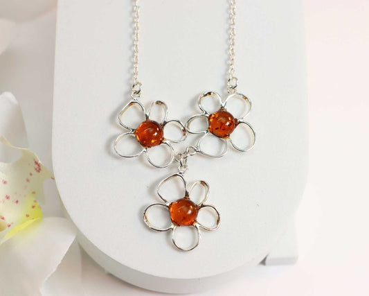 Natural Baltic Cognac Amber Flower Child Necklace in 925 Sterling Silver