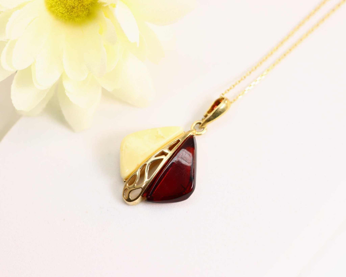 Natural Baltic Cherry and Butterscotch Amber 14k Gold Plated Handmade Pendant Necklace