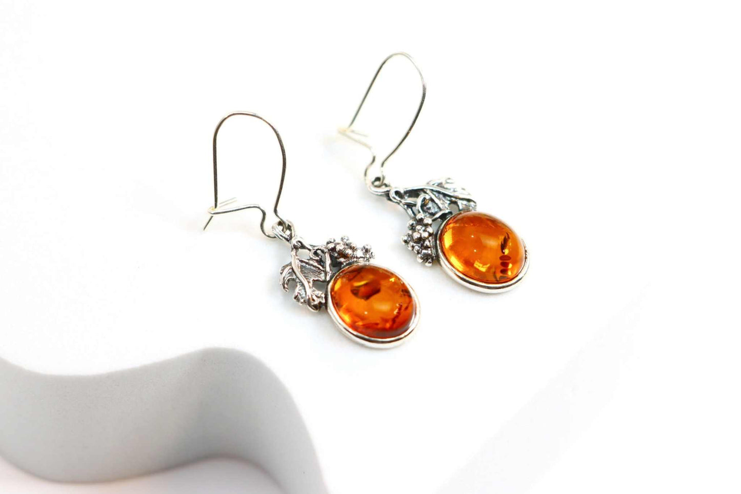 Genuine Baltic Cognac Amber Grape Leaf Earrings in s925