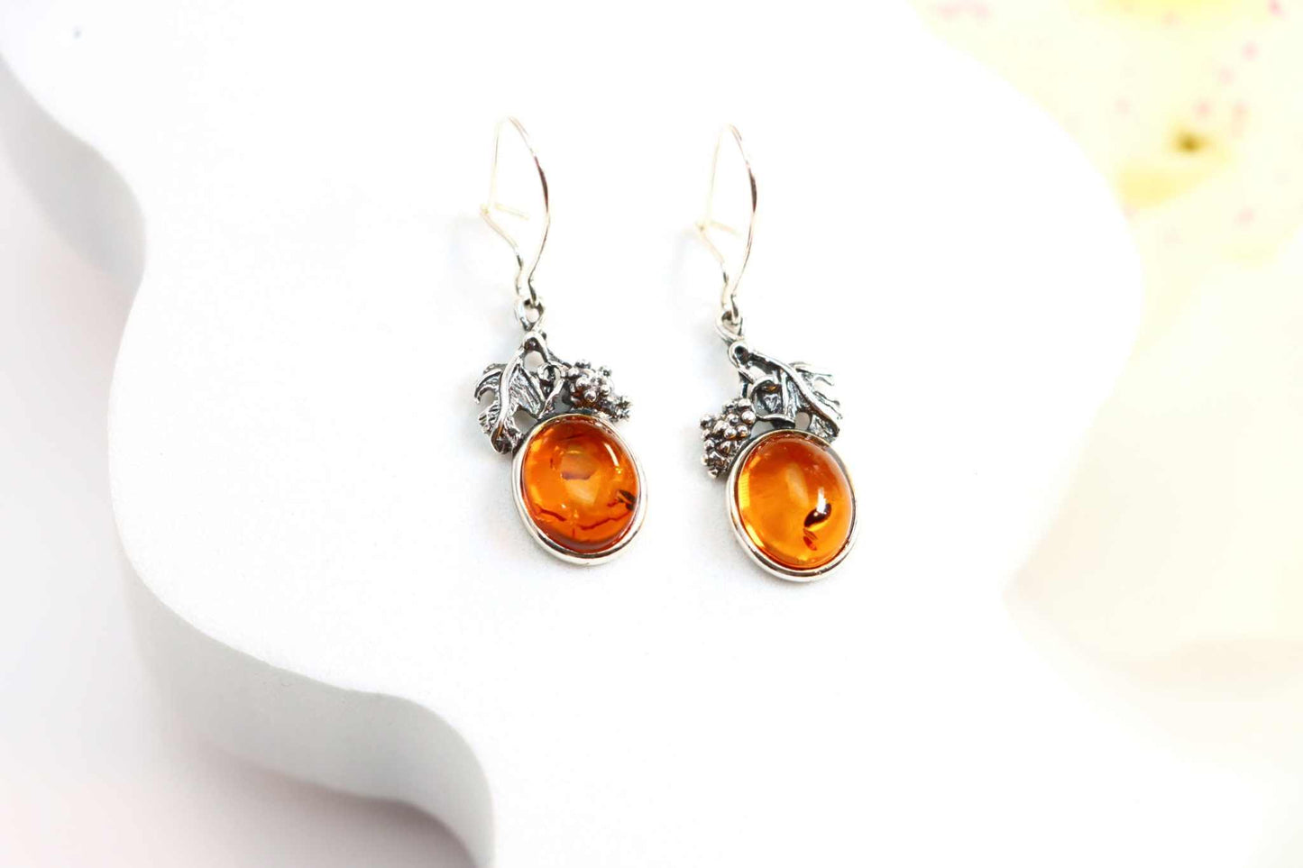 Genuine Baltic Cognac Amber Grape Leaf Earrings in s925