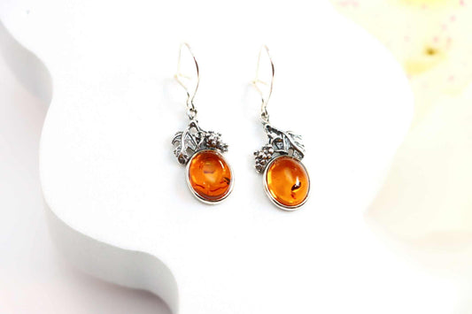 Genuine Baltic Cognac Amber Grape Leaf Earrings in s925