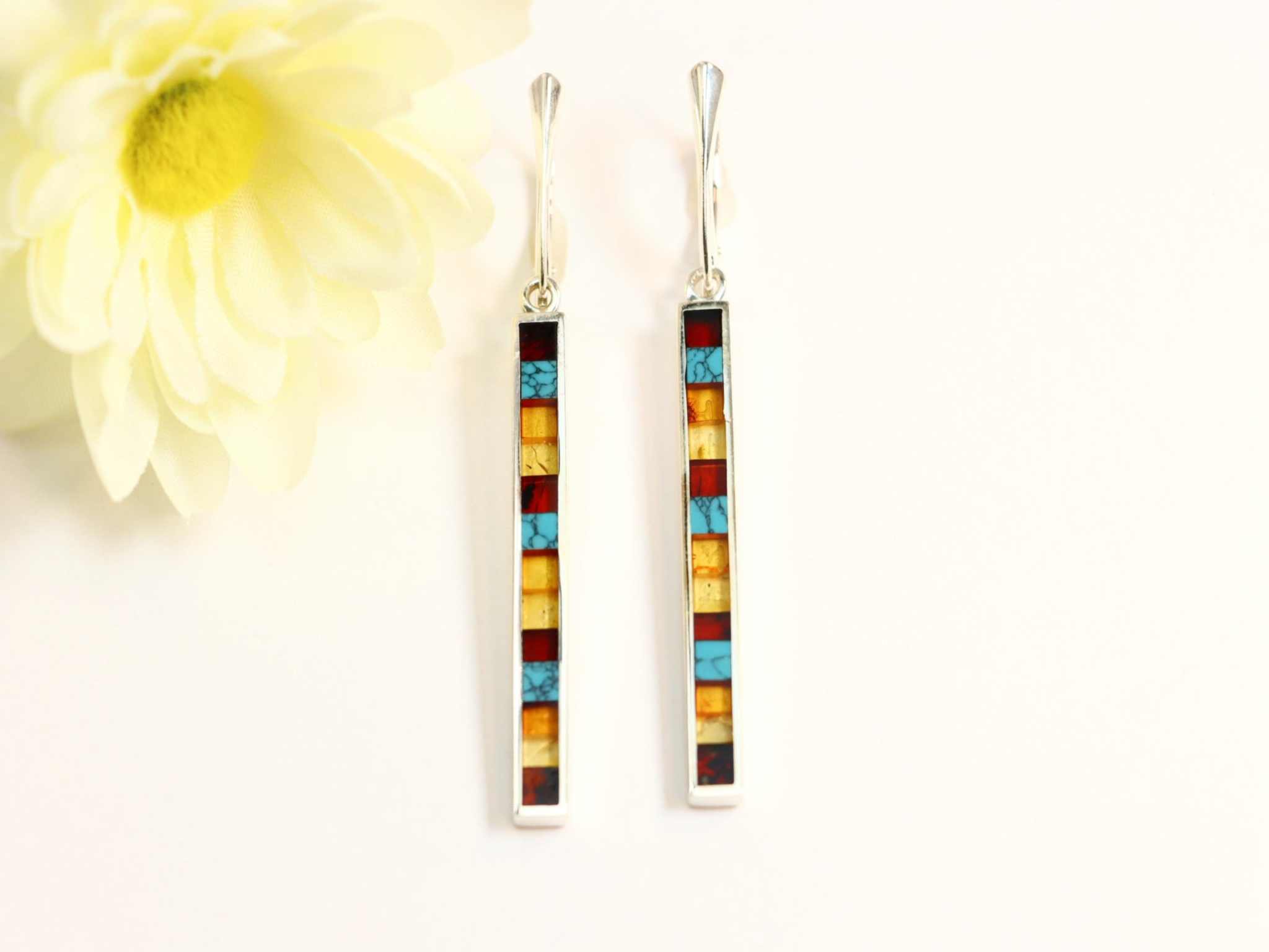 Natural Baltic Amber and Turquoise Mosaic Modern Earrings