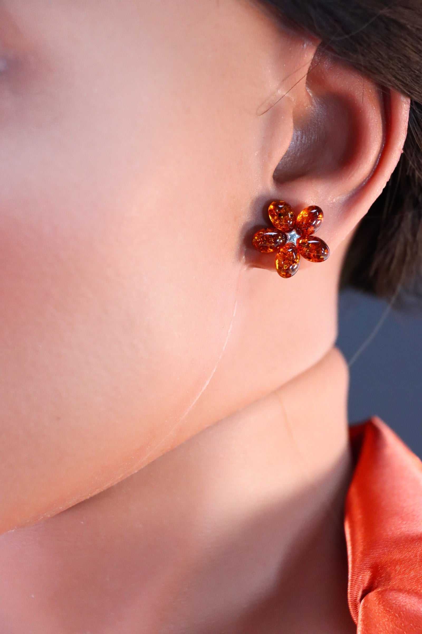 Natural Baltic Cognac Amber Daisy Stud Earrings in 925 Sterling Silver