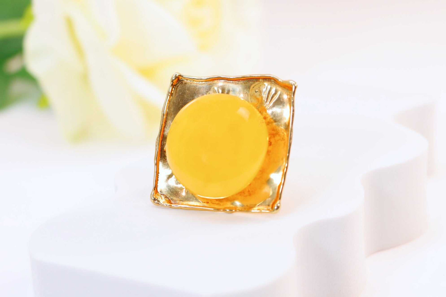 Natural Baltic Butterscotch Amber 14K Gold Plated Statement Ring