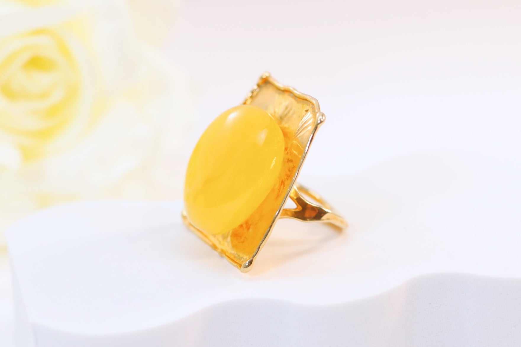 Natural Baltic Butterscotch Amber 14K Gold Plated Statement Ring